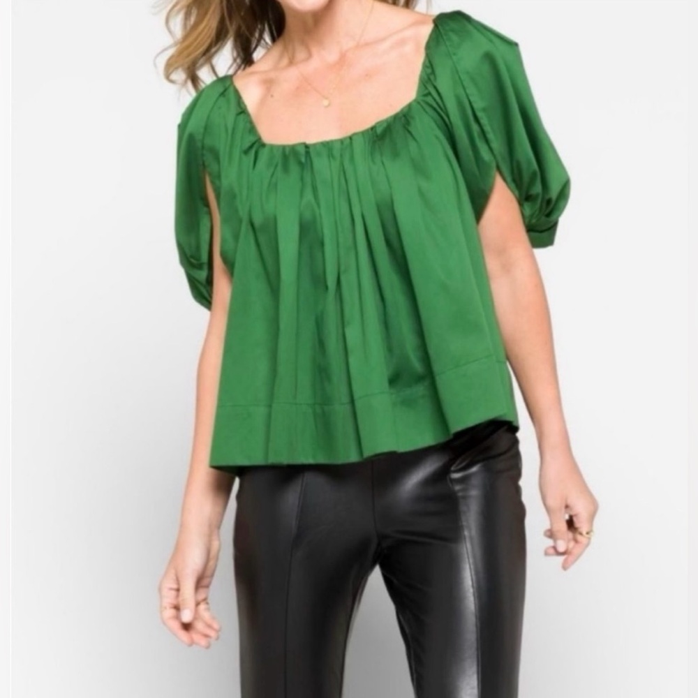 NWT Rebecca Taylor emerald green Cotton sateen square neck tulip sleeve top